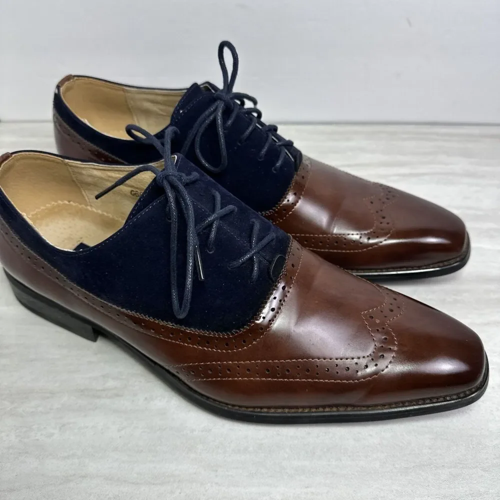 Gino Vitale Men’s Lace Up Wingtip Oxford Dress Shoe Two tone Brown Navy Suede 12